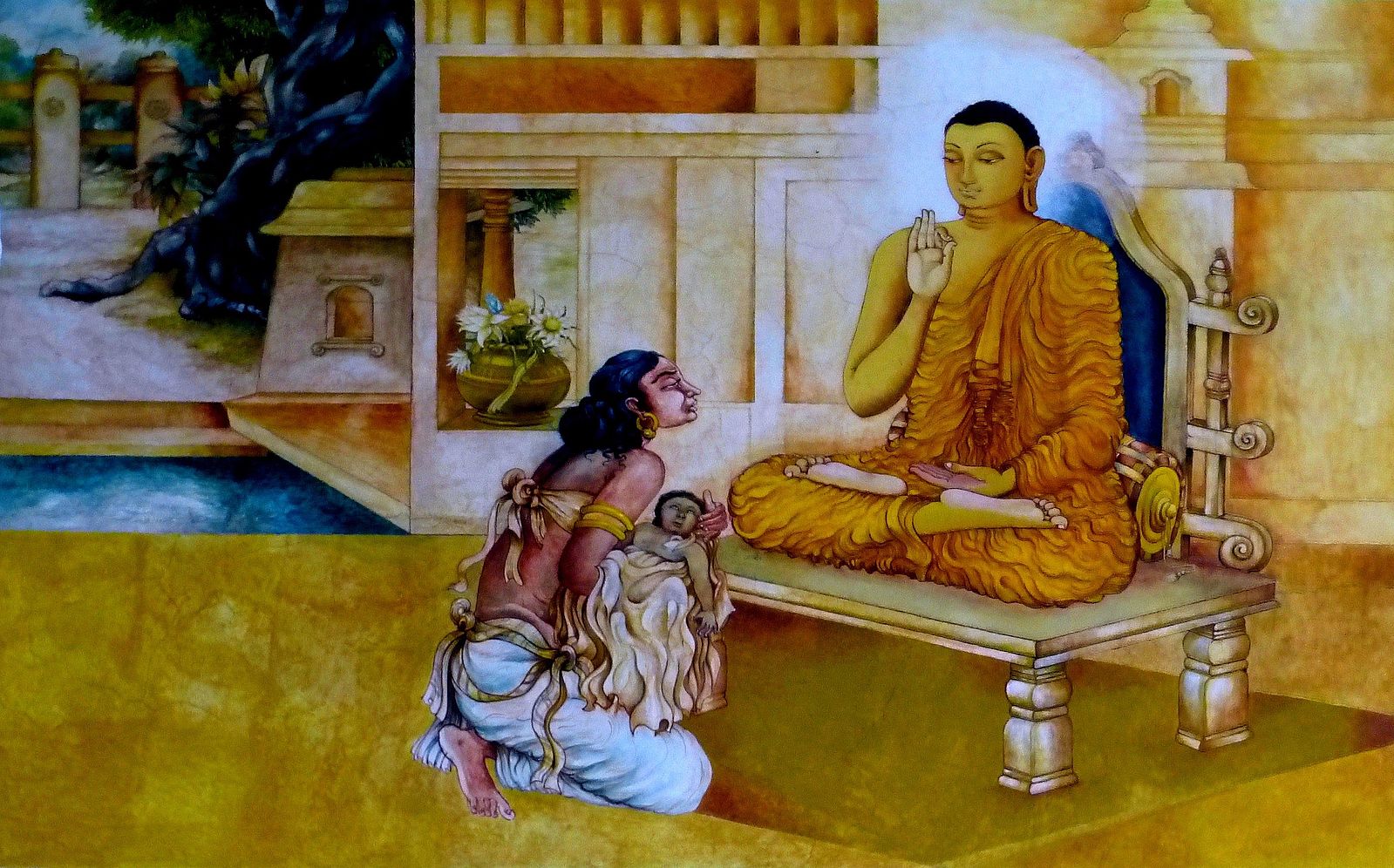 This image shows Kisagotami and Gautam Buddha.