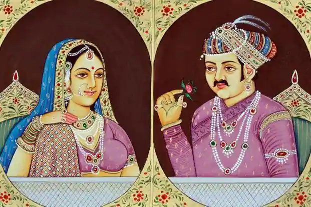 This image is of King Akbar- a Mugal and his wife Queen Jodhabai- a Rajput. 