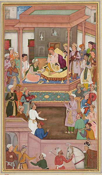 Abu'l-Fazl presenting Akbarnama to Akbar